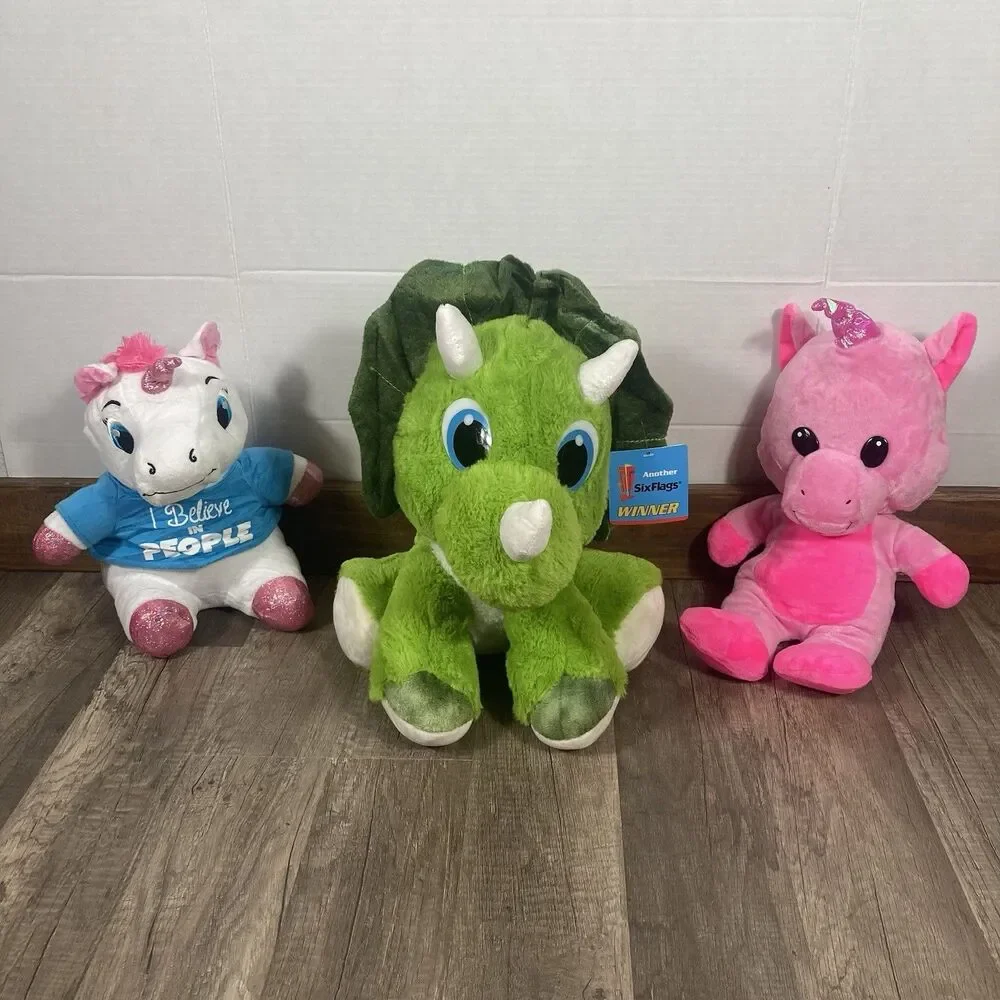 Six Flags Lot/3 Plush Stuffed Animals Unicorns And Dinosaur With Original Tag